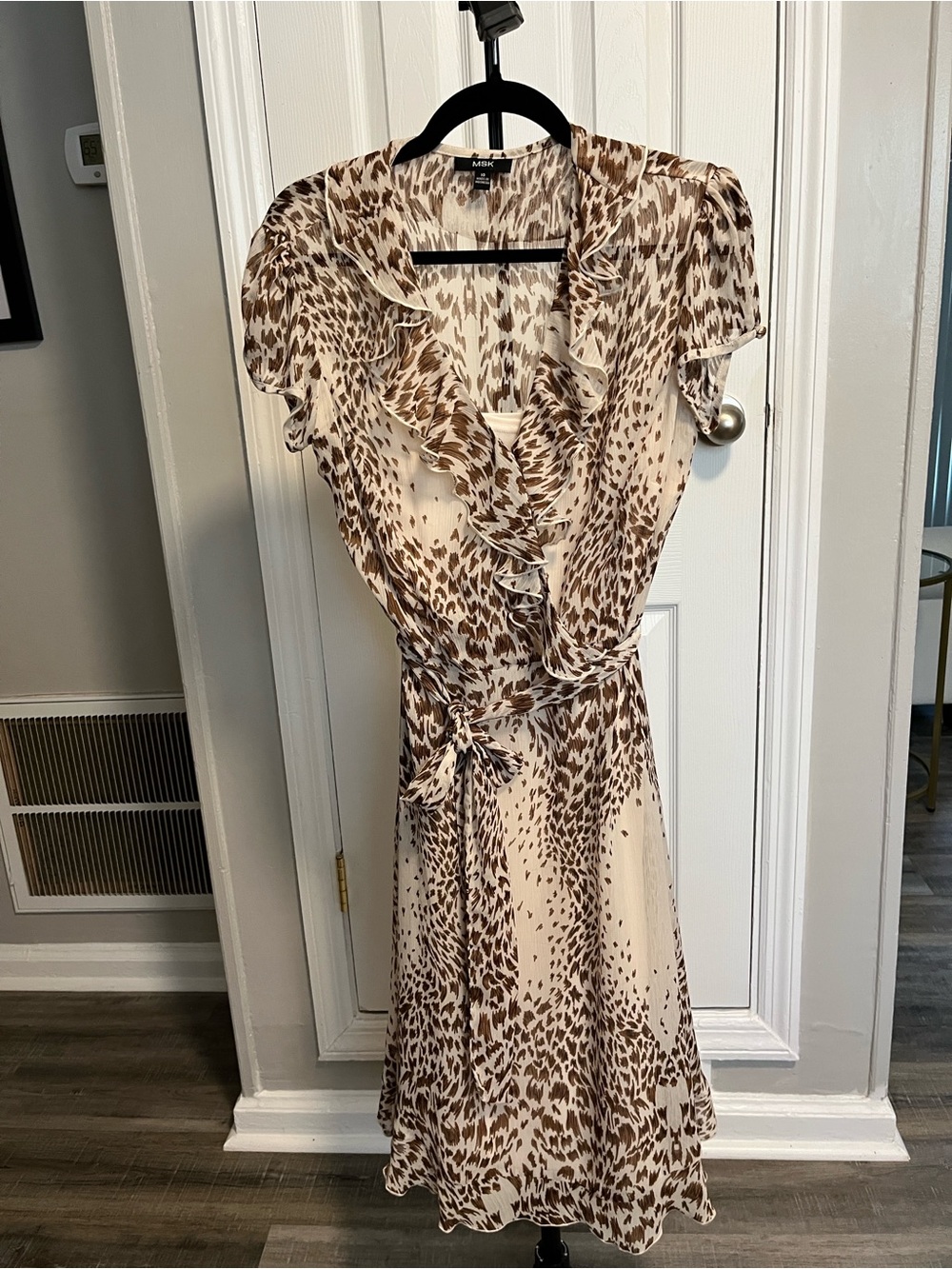 Ruffled Wrap Dress in Cream and Brown Animal Print